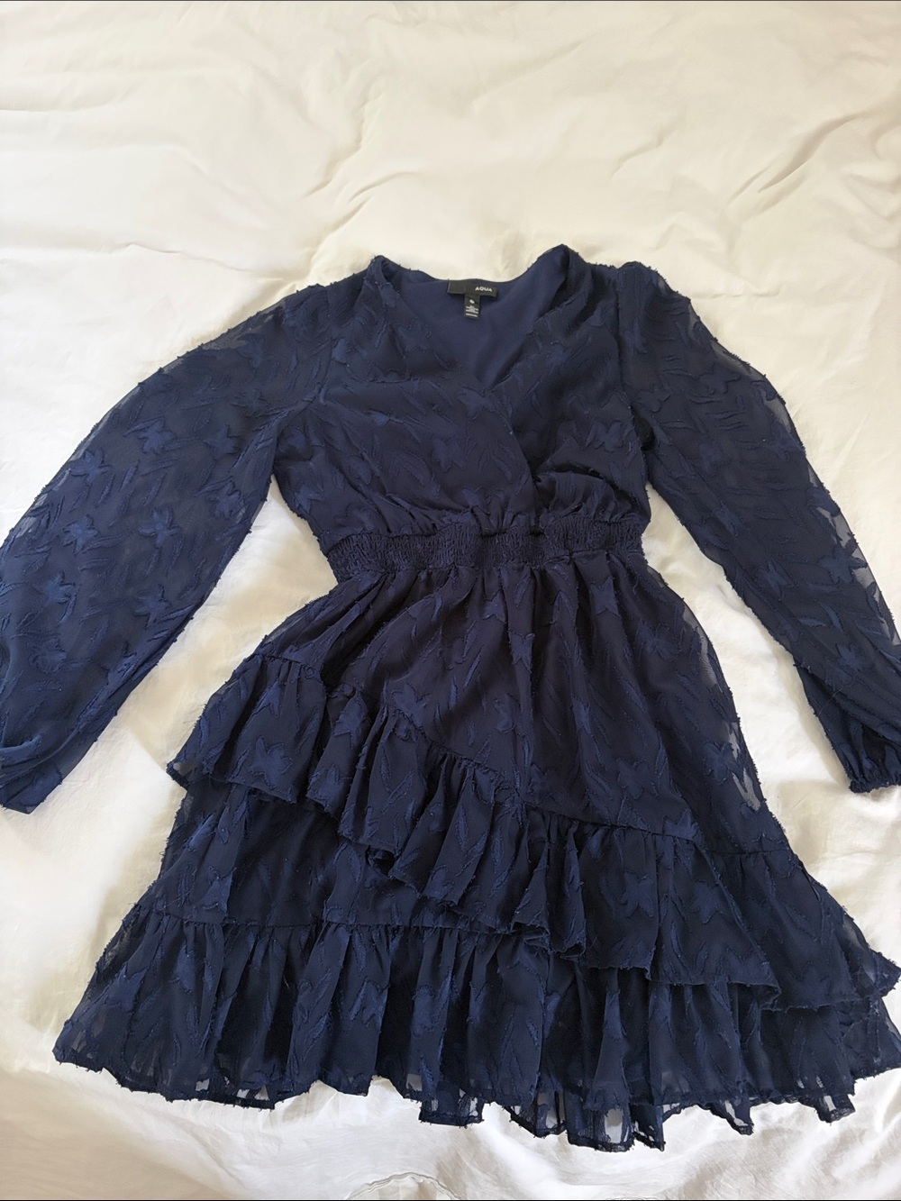Aqua Navy Blue Tiered Ruffle Long-Sleeve Dress